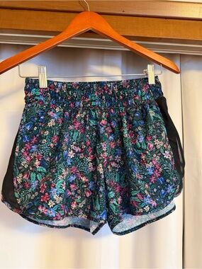 Women’s Floral Print Athletic Shorts - Black Base with Teal & Pink Flowers